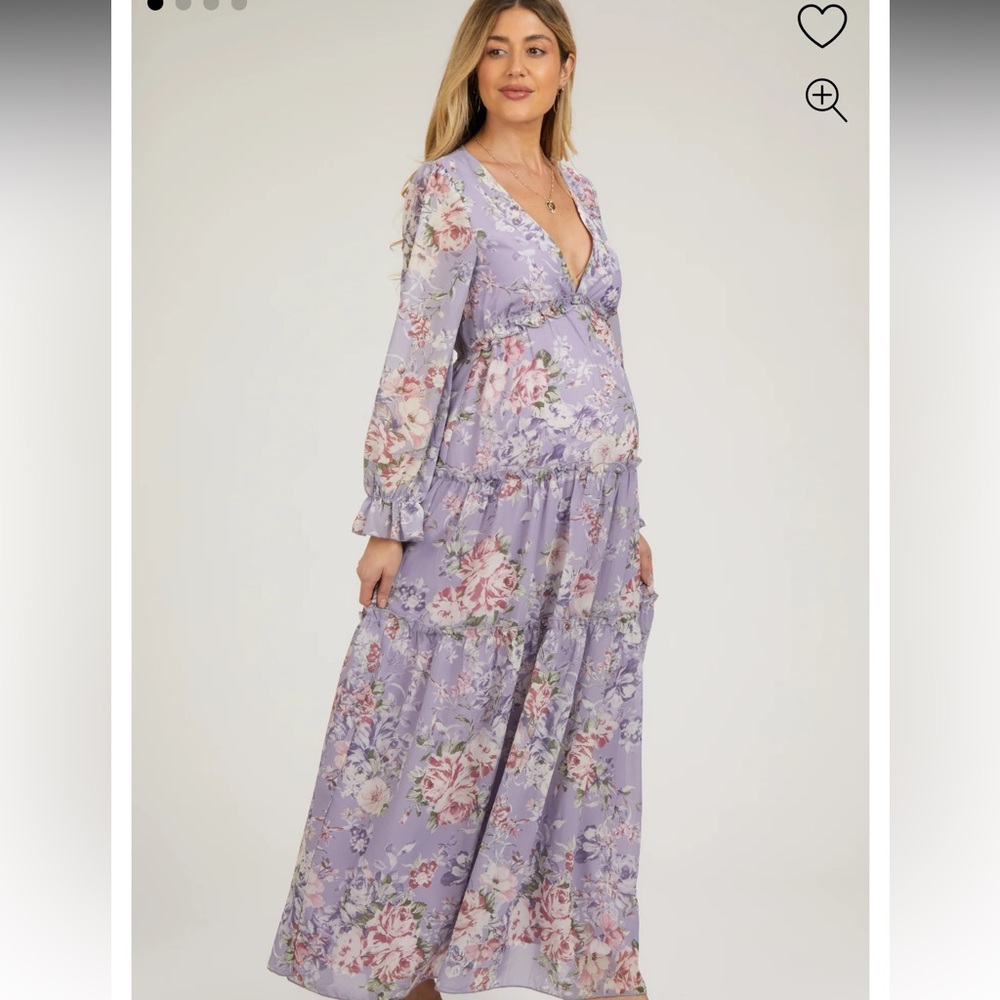 Lavender maternity, maxi floral chiffon ruffle tiered wedding guest dress